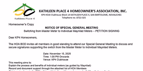 SPECIAL GENERAL MEETING about the Switching from Master Meter to Individual Maynilad Meters