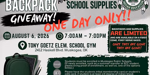 2026 Muskogee Indian Education Backpack and School Supply Giveaway