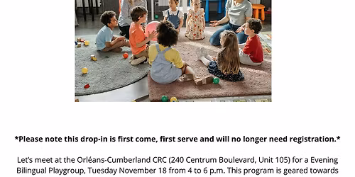 Evening Bilingual Playgroup | Groupe de jeu bilingue en soir\u00e9e