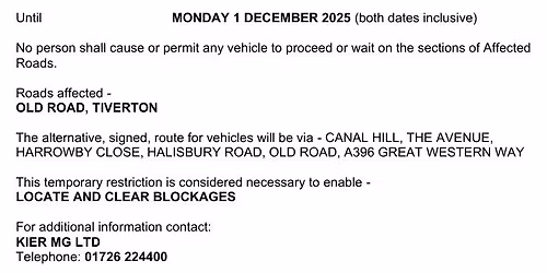UPCOMING ROAD CLOSURES TIVERTON     OLD ROAD