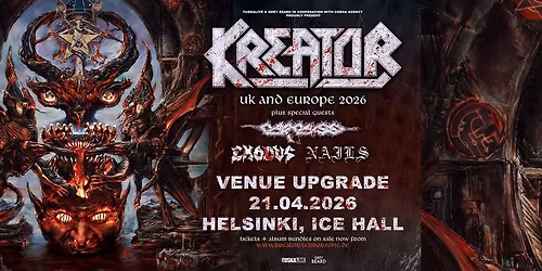 TuskaLive: Kreator 21.4.2026, Helsingin J\u00e4\u00e4halli