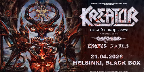 TuskaLive: Kreator 21.4.2026, Black Box, Helsinki