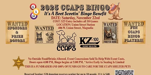 A Night for Paws: CCAPS 11\/22\/25 Boot Scootin' Bingo Benefit