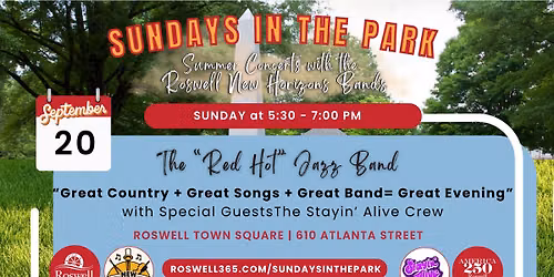 Sundays in the Park "Great Country + Great Songs + Great Band = Great Evening" Red Hot Jazz Band