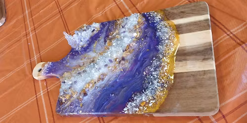 Resin  pour with CRYSTALS on a charcuterie board workshop