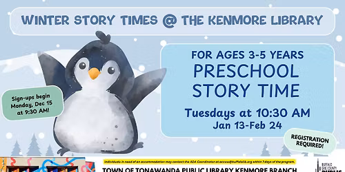 Kenmore Winter Story Time - Preschool- Registration begins Monday, December 15 at 9:30 AM.