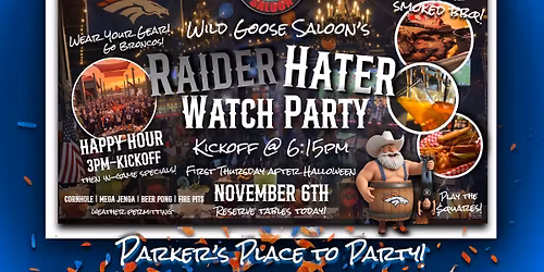 FREE WATCH PARTY Broncos vs. Raiders - Thursday Night Football - 11\/6\/25 @ 6:15pm