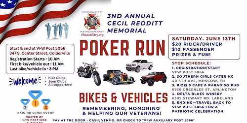 Poker Run - 3rd Annual Cecil Redditt Poker Run for Veterans hosted by VFW Auxiliary - Post 5066