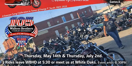 St. Jude Summer Rides to White Oaks in Canton with 25 FREE Qualifers for the BUD HOG Road Glide!
