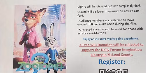 FREE (including soda and popcorn) Sensory Friendly Showing of Zootopia 2