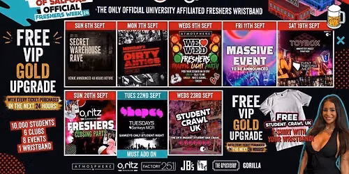 SALFORD UNIVERSITY - OFFICIAL - All Access Freshers Wristband 2026 \ud83c\udf9f\ufe0f  INCLUDES MANCHESTER'S BEST CLUBS \/ HUGE FRESHERS SPECIALS \/ BIGGEST WEEKLY STUDENT BRANDS \/ SPECIAL GUESTS INCL. DANI BABES  &amp; MUCH MORE! \u26a1\ufe0f