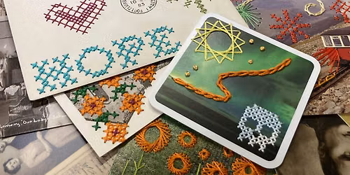 Creative sewing on postcards.