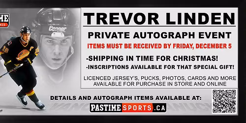 Trevor Linden Private Autograph Event Deadline Dec 5 2025