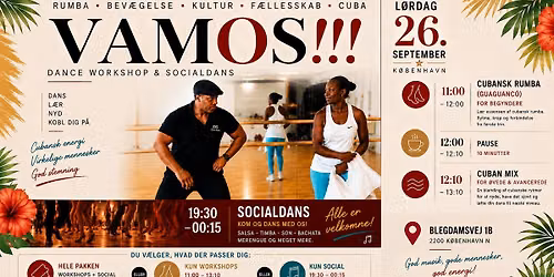 \ud83d\udd25 VAMOS!!! \u2013 WORKSHOPS Rumba (Begynder) \u2022 Cuban Mix (\u00d8vet) & SalsaSon Party