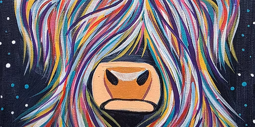 Paint & Prosecco, Rainbow Highland Cow, at Chard Cricket Club