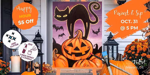 \ud83c\udf77\ud83c\udfa8 Friday Happy Hour \u2013 Paint & Sip: Halloween Cat $5 Off