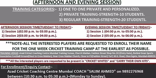 ACCC MUMBAI ONE WEEK CRICKET TRAINING CAMP DECEMBER 2025(AFTERNOON AND EVENING SESSION)