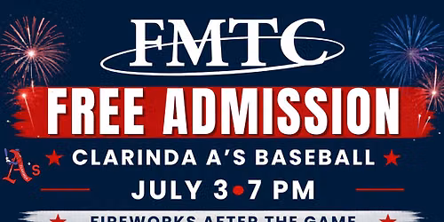 FREE Admission - Clarinda A's Baseball Game - Sponsored by FMTC