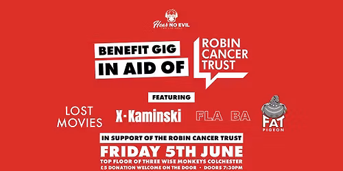 Robin Cancer Trust benefit gig featuring Lost Movies, Fat Pigeon, X-Kaminski, and FLABBA