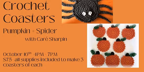 Crochet Coasters - Spiders and Pumpkins with Care Sharpin