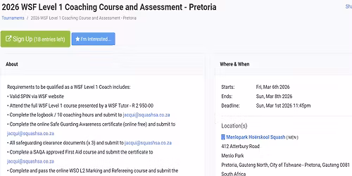 2026 WSF Level 1 Coaching Course and Assessment \u2013 Pretoria