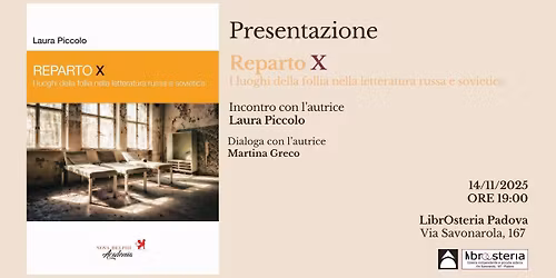 Presentazione "Reparto X". Incontro con l'autrice Laura Piccolo