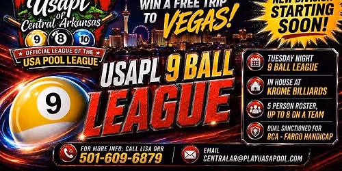 USAPL 9 BALL LEAGUE - TUESDAYS IN HOUSE AT KROME BILLIARDS