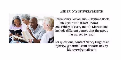SOCIAL BOOK CLUB 2ND FRIDAY OF EVERY MONTH AT THE SHREWSBURY SENIOR CENTER