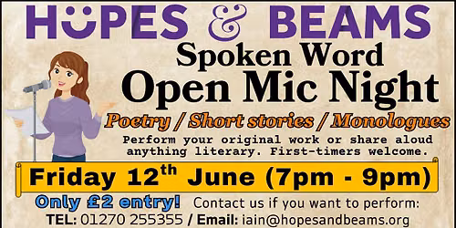 Spoken Word Open Mic Night (FRI 12th JUN) at Hopes and Beams