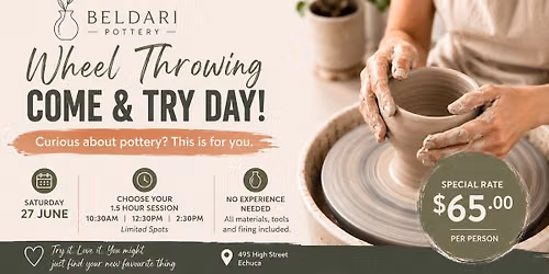 Wheel Throwing Come & Try Sessions - 3 times avail.