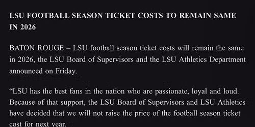 2026 LSU Tigers Football Season Tickets (Includes Tickets To All Regular Season Home Games)