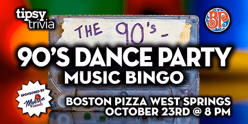 Calgary: BP's West Springs - 90's Dance Mix Music Bingo - Oct 23, 8pm
