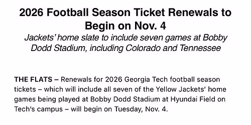 2026 Georgia Tech Yellow Jackets Football Season Tickets (Includes Tickets To All Regular Season Home Games)