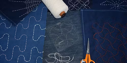 Japanese Moyozashi (pattern) Sashiko embroidery in Artist's studio