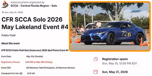 CFR SCCA Solo 2026 May Lakeland Event #4 - Publix Field