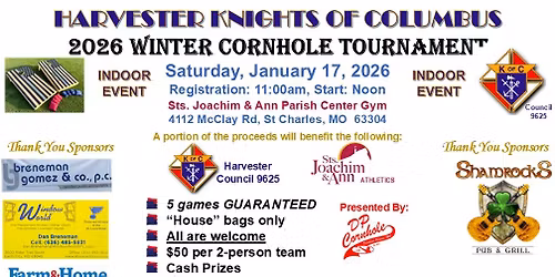 2026 Harvester K of C Winter Cornhole Tournament Fundraiser
