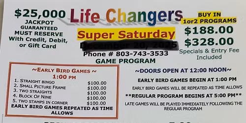 AA Class Bingo featuring a $25,000 Jackpot 