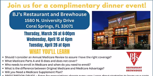 Complimentary Medicare 101 Dinner Event at BJ's Restaurant and Brewhouse