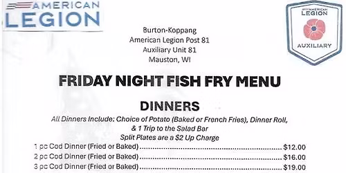 December FRIDAY FISH FRY Dates - Mauston American Legion