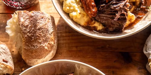 Cork 'N' Fork- Red Wine Pot Roast with root veggies, smashed rosemary potatoes and a side salad