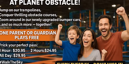 Parents Play Free Tuesday at Planet Obstacle!