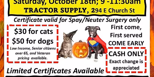 Low Cost Spay/Neuter Certificate Sale - October 18th, Pickens Co GA only