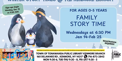 Kenmore Winter Story Time: Family Story Time for ages 5 and under. Registrations open Dec 15