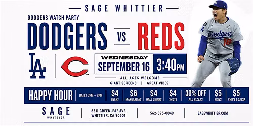 Dodgers vs Reds Watch Party | Sage Whittier