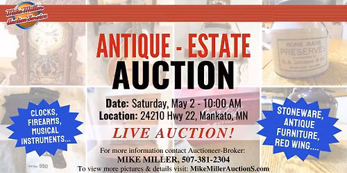 LIVE Antique - Estate Auction! Clocks, Stoneware, Antiques...