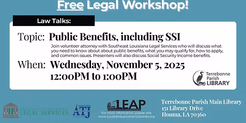 FREE Legal Workshop: Public Benefits, including SSI
