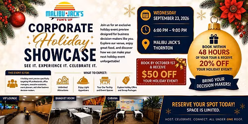 Corporate Holiday Showcase \u2014 Play. Eat. Tour. Free for You + a Guest.