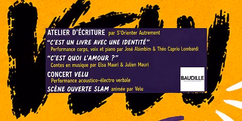SOIREE SOUTIEN NOUVEL ALBUM VELU: Concert VELU \/ Spectacles \/ Atelier \u00e9criture \/ Sc\u00e8ne Ouverte Slam