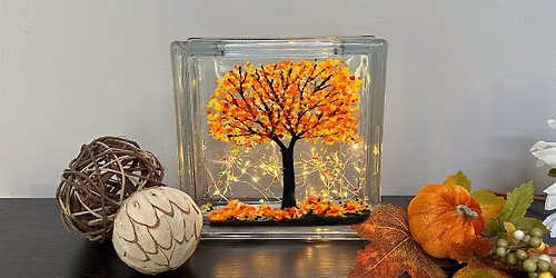 Crushed Glass Autumn Fall Tree Glass Block with Lights Paint Sip Art Class