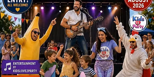 Free children's entertainment with KidsLove2Party and Live music from Neil Jones
